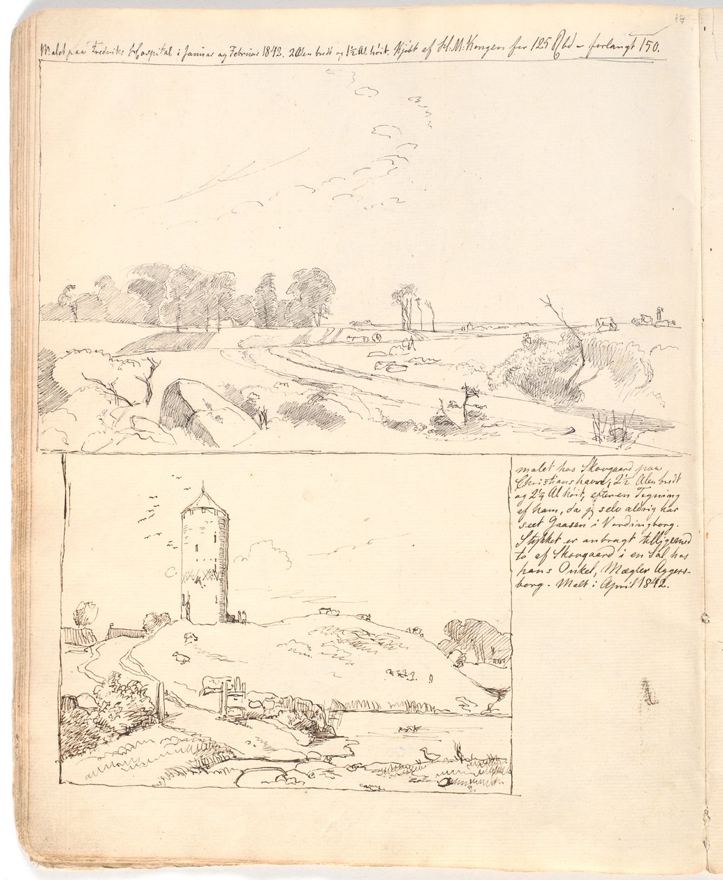 Muro de piedra en Rakløv en Refsnæs. Dibujo realizado directamente en la página 10 del cuaderno de Johan Thomas Lundbye