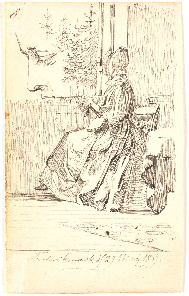 Mujer tejiendo (¿la madre de Lundbye) junto a una ventana con vistas a unos abetos, y estudio de perfil de Johan Thomas Lundbye