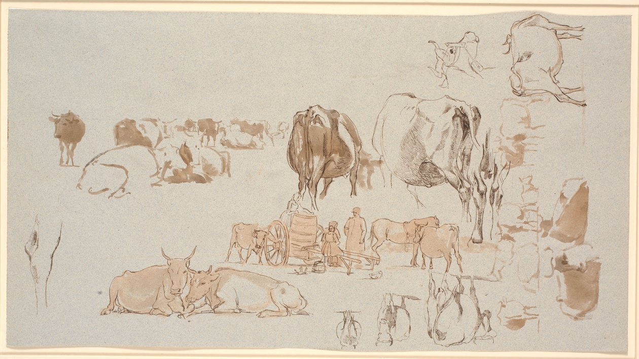 Hoja de estudio. Estudios de vacas, en el centro carro de ordeño con tres chicas y un pastor de Johan Thomas Lundbye