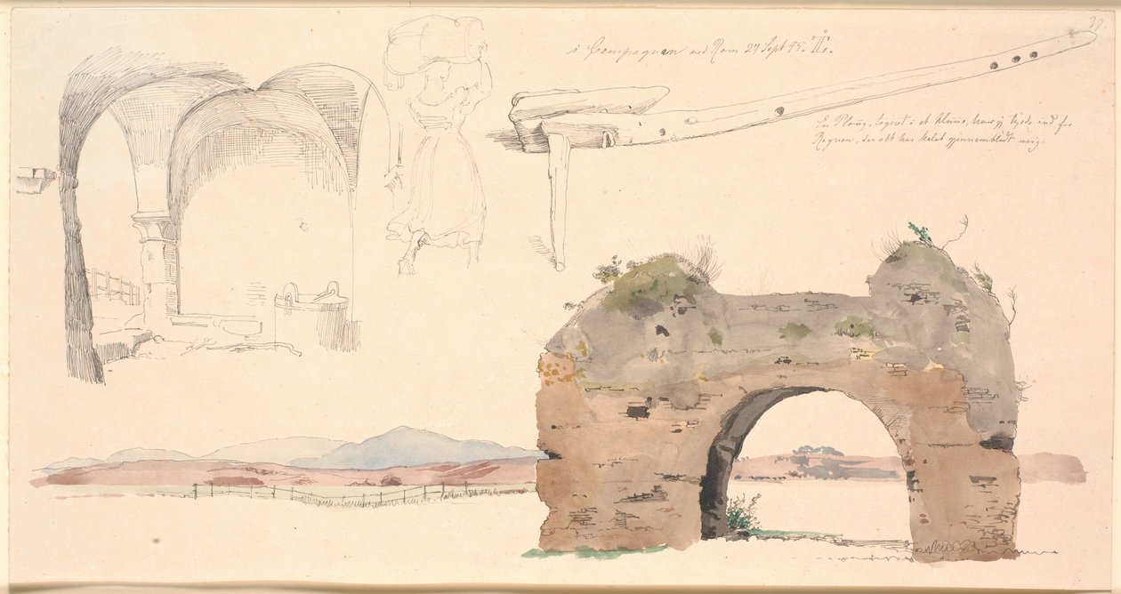 Hoja de estudio de la Campaña Romana, Italia. Abajo, estudio en acuarela de un arco de acueducto romano con vista a montañas bajas. Estudio de espacio abierto con bóvedas planas, en el centro una italiana llevando un gran bulto en la cabeza, a la derecha u de Johan Thomas Lundbye