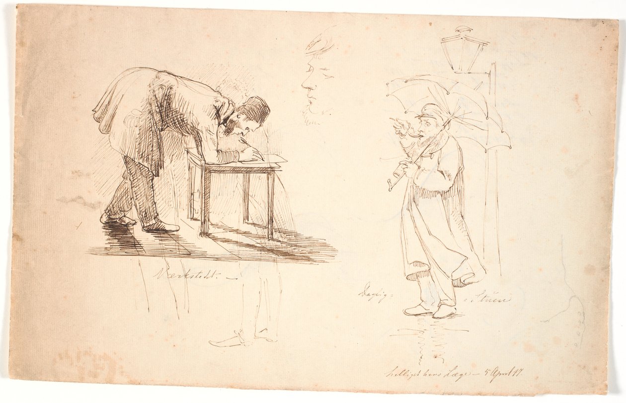 Hoja de estudio, a la izquierda se ve al artista mismo, inclinado hacia adelante, dibujando en un taburete o una pequeña mesa. Dibujado arriba dos estudios de un oficial y un caballero vestido. En el medio cabeza de estudio, autorretrato. A la derecha el a de Johan Thomas Lundbye