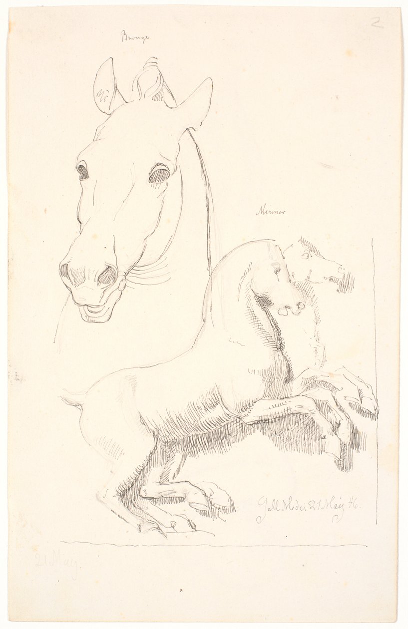 Estudios de esculturas antiguas. Arriba una cabeza de caballo, abajo un relieve con dos caballos de Johan Thomas Lundbye