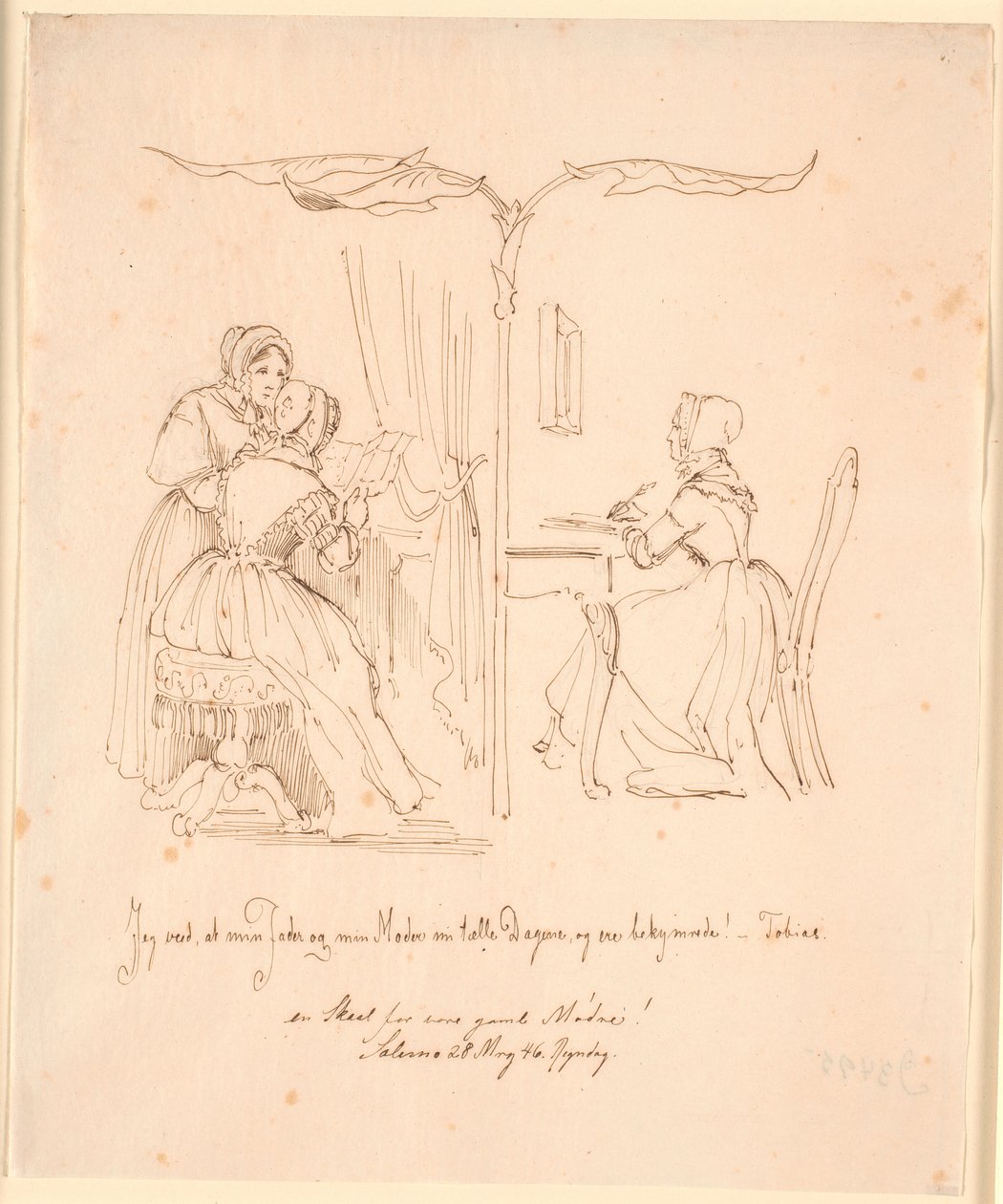 Imagen doble con dos señoras leyendo cartas a la izquierda, una señora escribiendo cartas a la derecha de Johan Thomas Lundbye