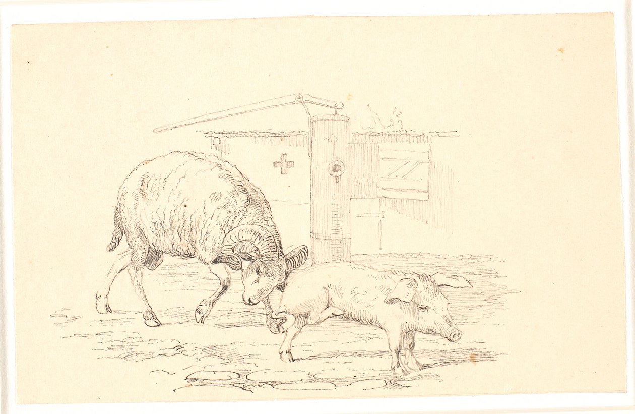 El carnero y el cerdo. Ilustración para "Fábulas para niños" de Kaalund. Ver comentario del catálogo de archivos. de Johan Thomas Lundbye