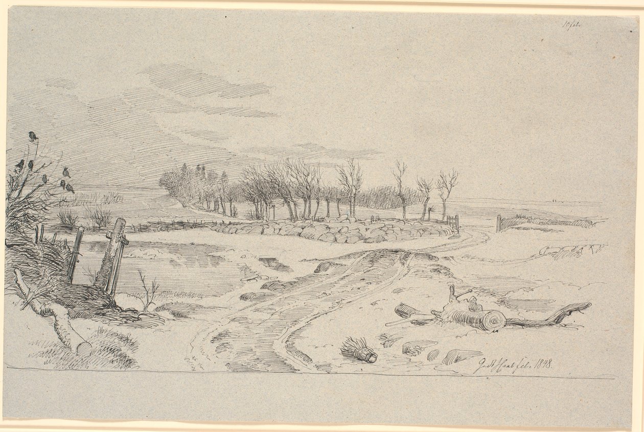 Paisaje invernal con un camino que serpentea a través de los campos y un muro de piedra de Johan Thomas Lundbye