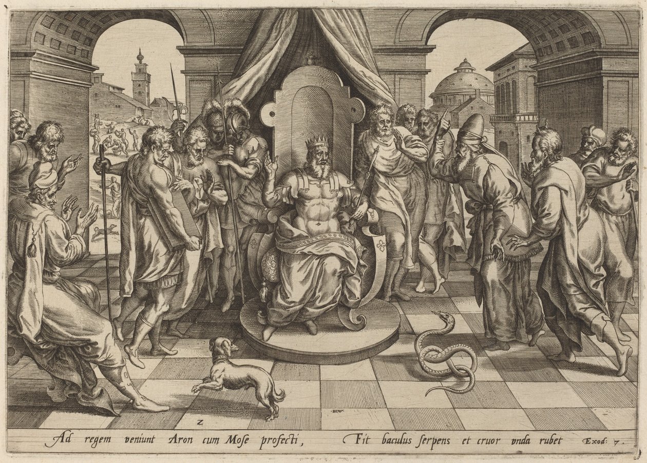 Moisés y Aarón ante el faraón de Johan Wierix, after Maarten van Cleef
