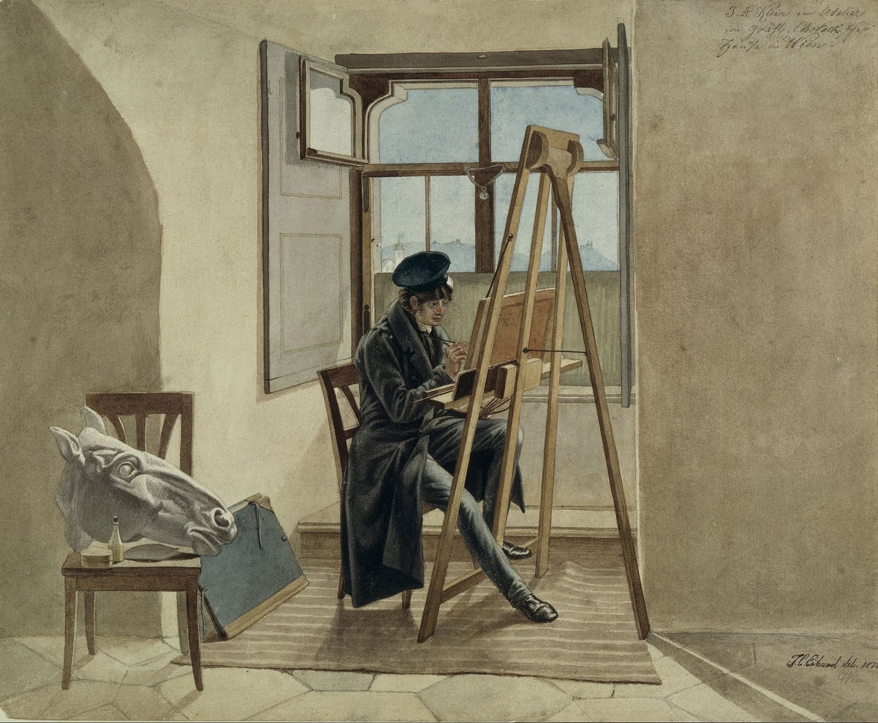 El pintor Johann Adam Klein en el caballete en su estudio en el Palais Chotek en Viena de Johann Christoph Erhard