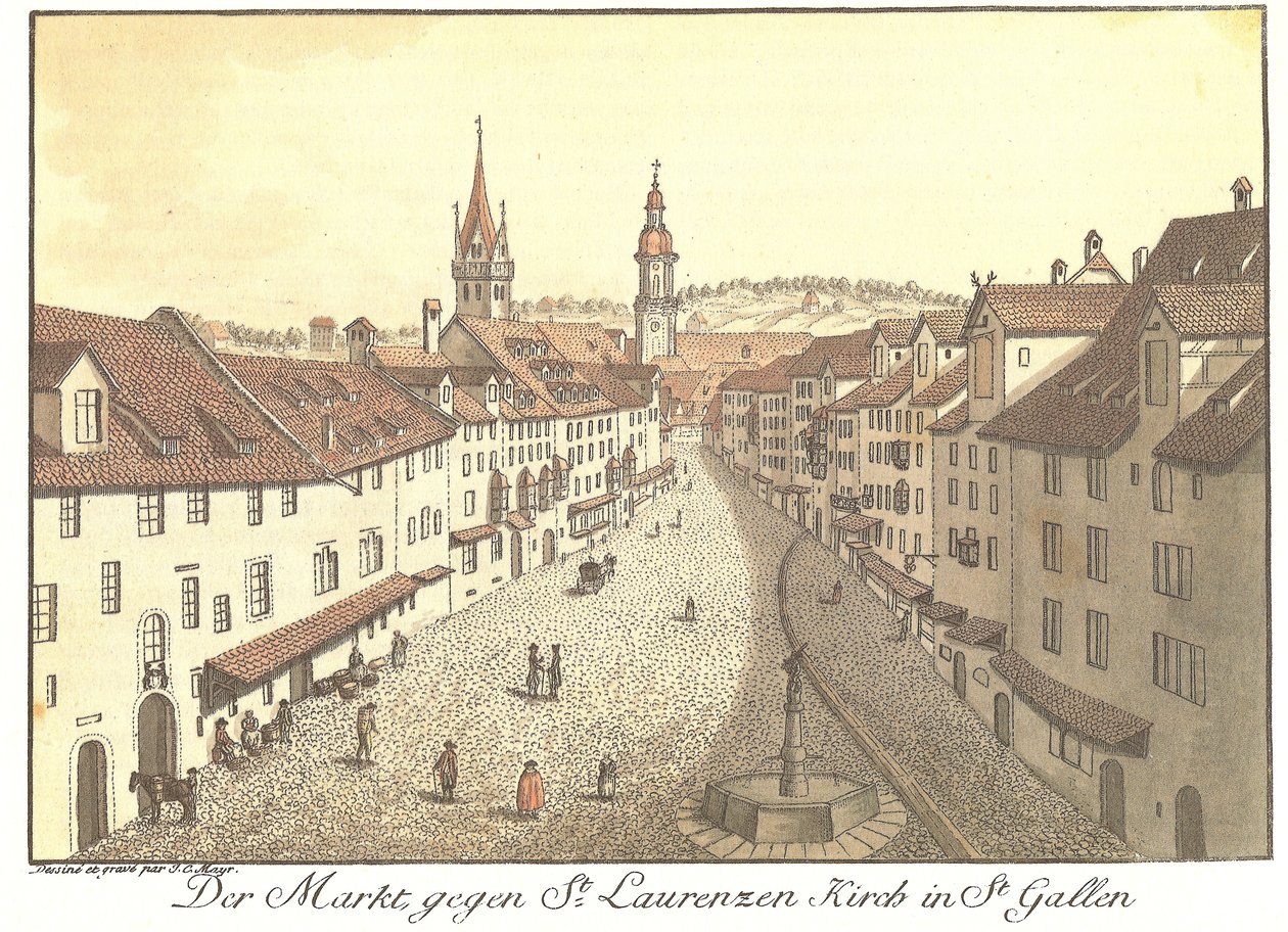 Der Markt gegen St. Laurenzen Kirch in St. Gallen de Johann Conrad Mayr