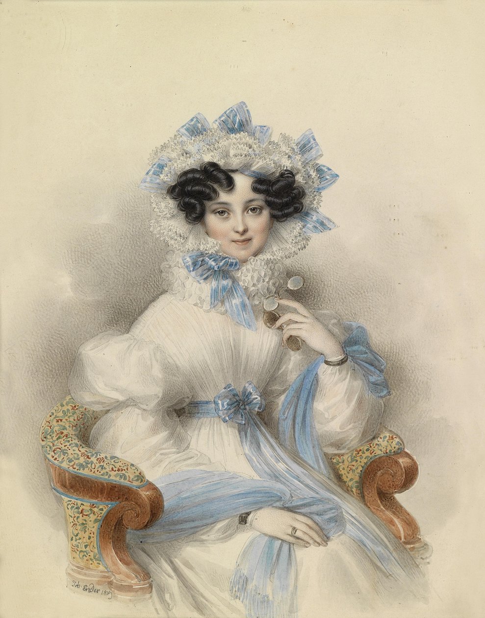 Retrato de la archiduquesa Henriette de Austria con vestido blanco y lazos azules, sentada en un sillón de Johann Ender