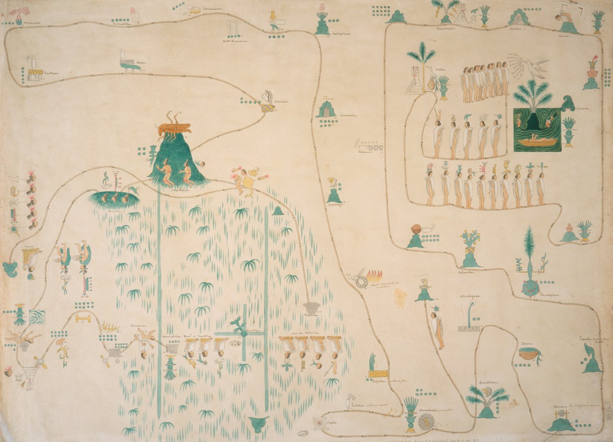Mapa glífico de la migración azteca de Aztlán a Tenochtitlán, publicado c.1830 de Johann Friedrich Maximilian von Waldeck