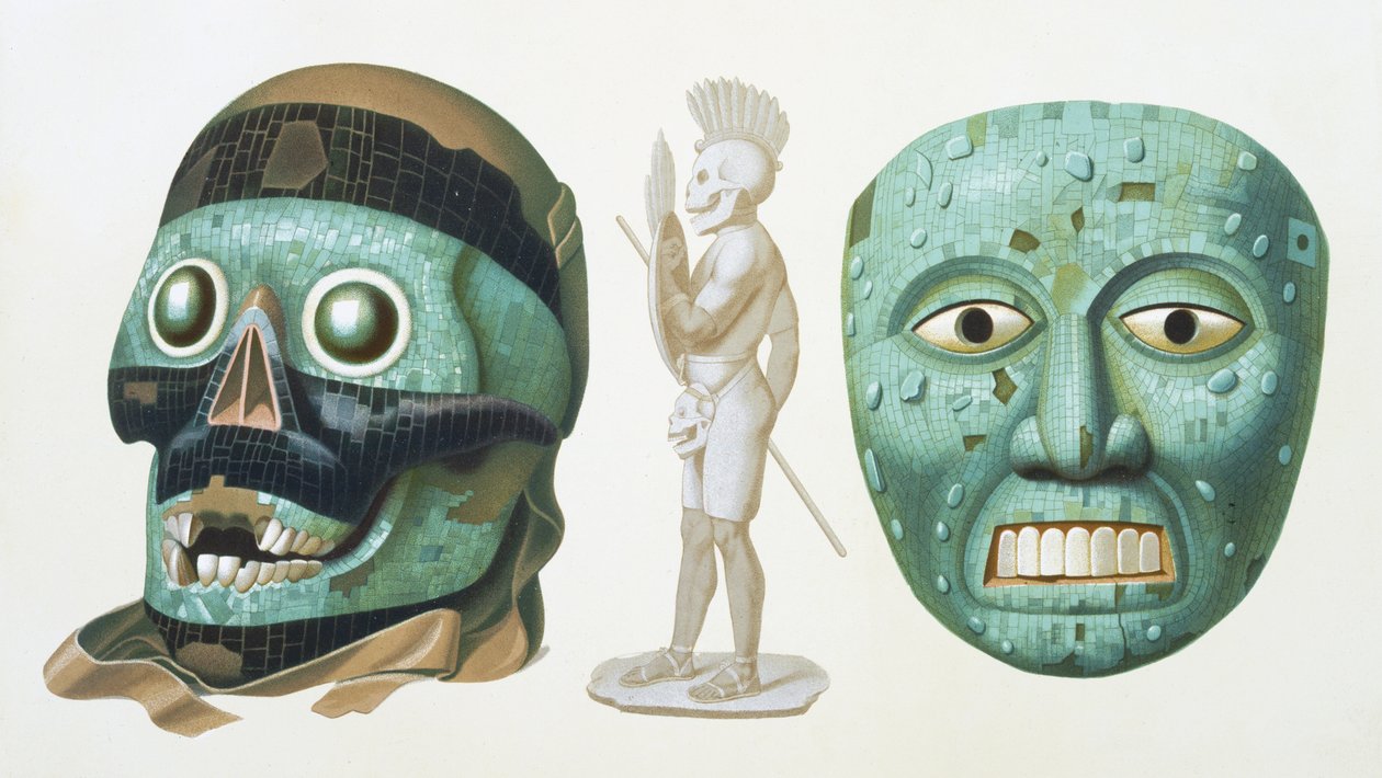 Izquierda: máscara de calavera del Dios Tezcatlipoca y derecha: máscara que representa al Dios Quetzalcóatl o Tonatiuh, c.1500, placa 43 de 