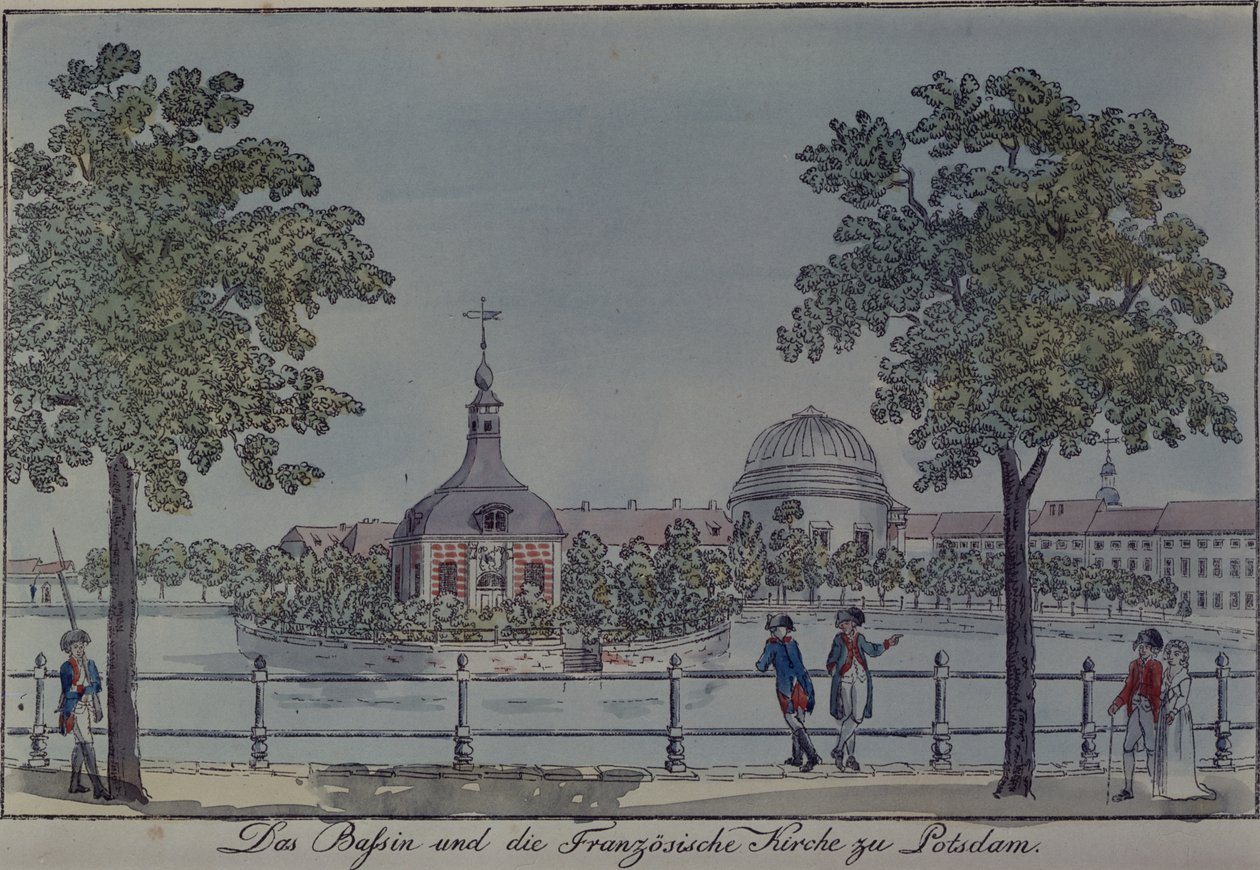 La piscina y la iglesia francesa en Potsdam, c.1796 de Johann Friedrich Nagel