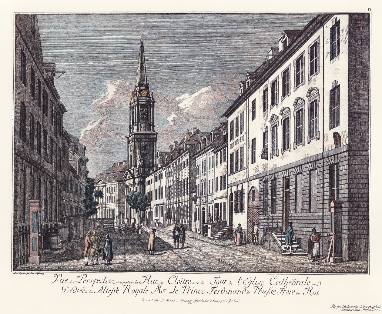 Vista de la calle Klosterstraße con la iglesia Parochial, Alt-Berlin de Johann Georg Rosenberg