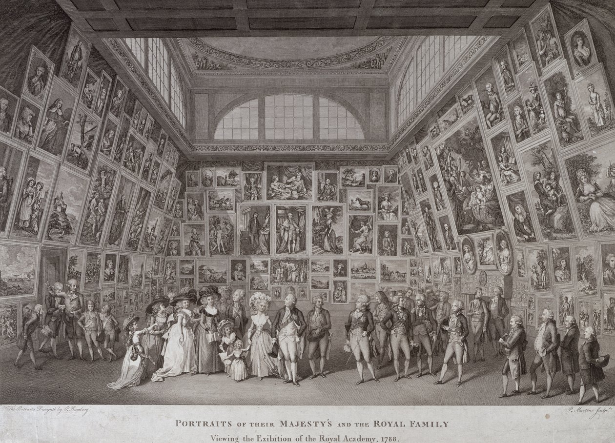 Vista interior de Somerset House mostrando al rey Jorge III, la reina Carlota y la familia real viendo una exposición de la Real Academia de Artes en 1788 de Johann Heinrich Ramberg