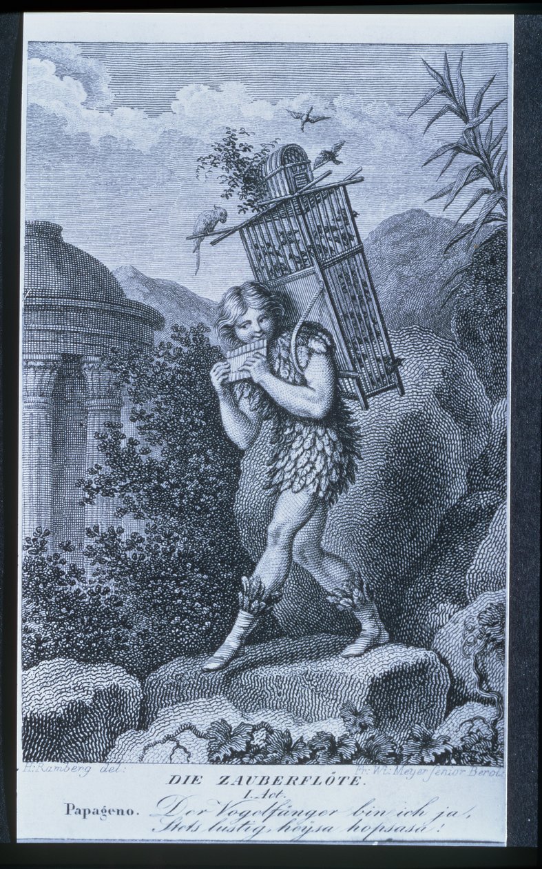 Papageno: ¡Soy el cazador de pájaros, sí! Siempre alegre, fiddle-di-i, fiddle-di-da!, Acto I de 