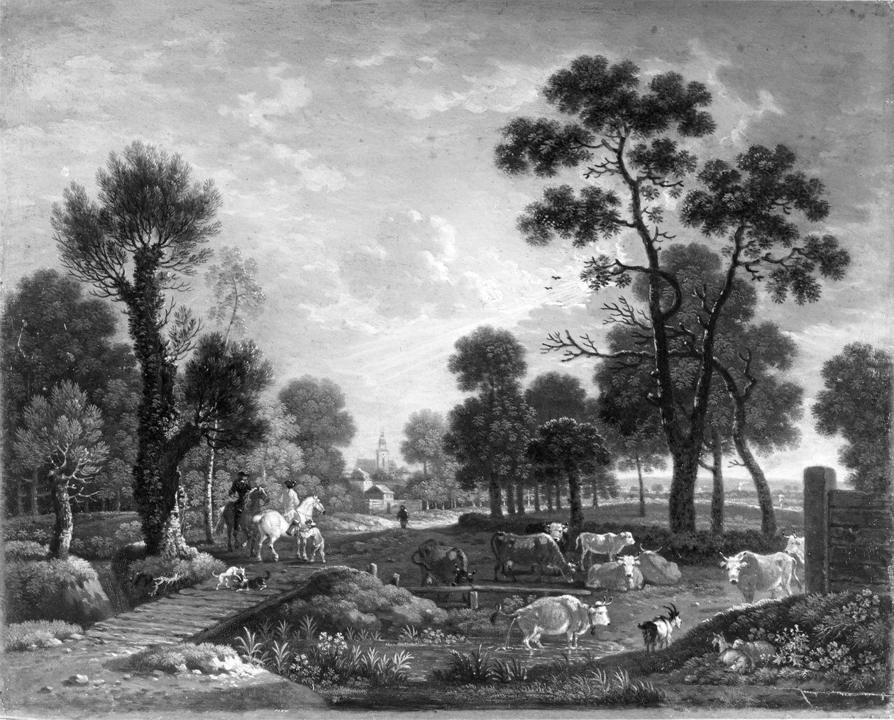 Paisaje con jinetes y ganado de Johann Heinrich Roos