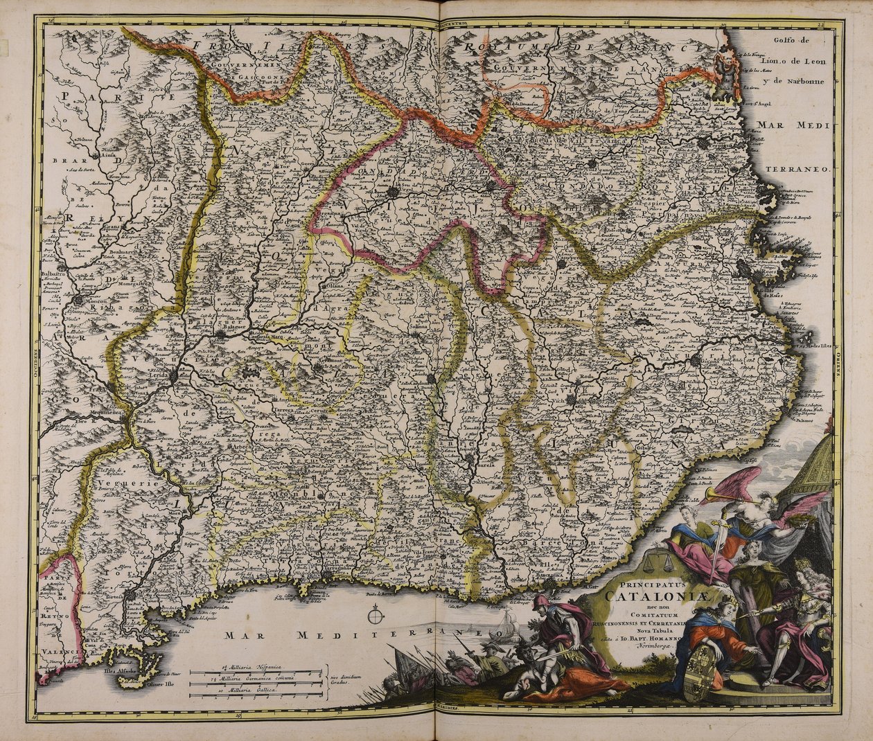 Principado de Cataluña y también de los condados de Rosellón y Cerdaña, nuevo mapa de Johann Baptista Homann