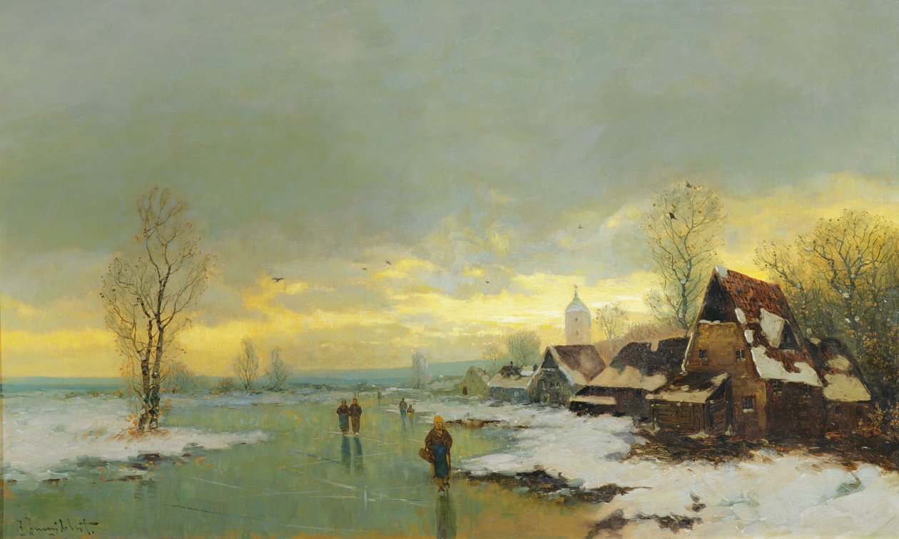 Personas caminando sobre un río congelado de Johann II Jungblut
