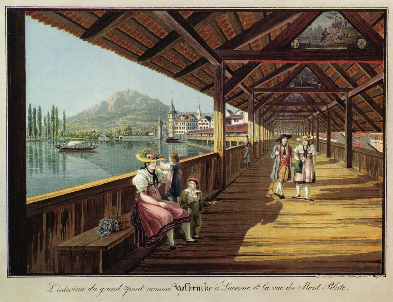El interior del puente mayor llamado Hofbrücke en Lucerna y vista del monte Pilatus de Johann Jakob Meyer