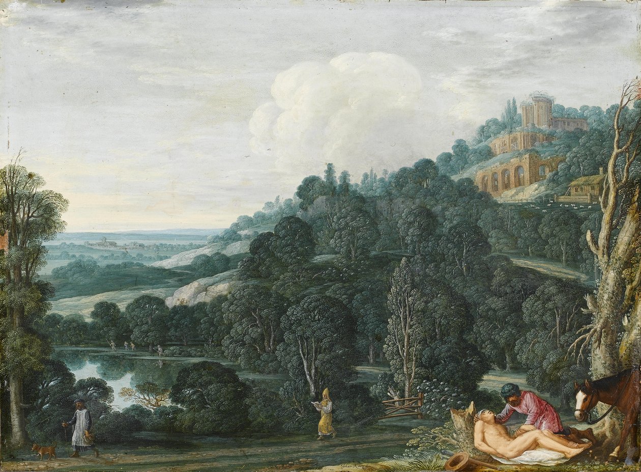 Un paisaje extenso con El Buen Samaritano de Johann or Hans Konig