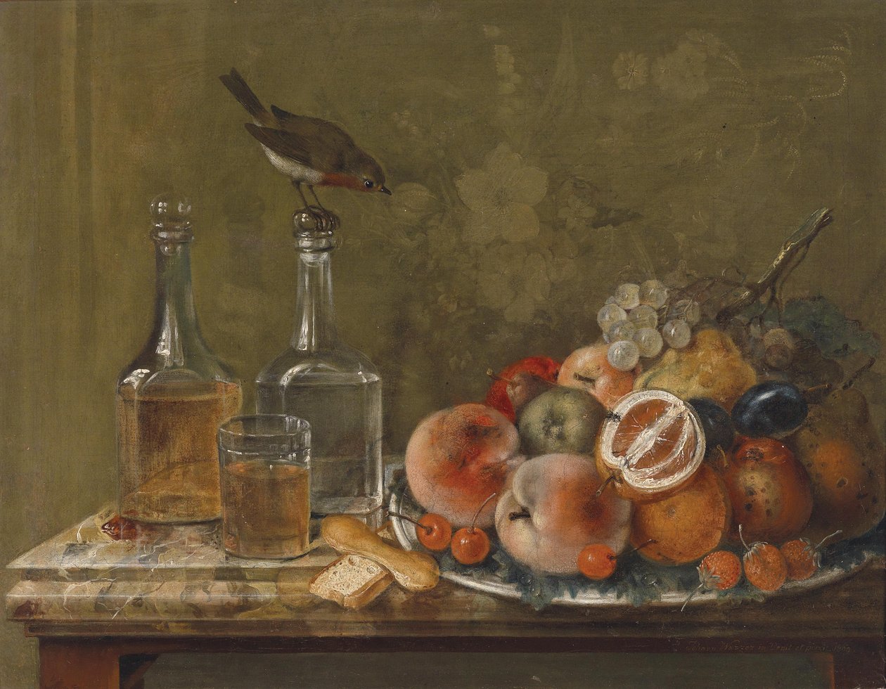 Naturaleza muerta con frutas y garrafas de vidrio de Johann Matthias Wurzer