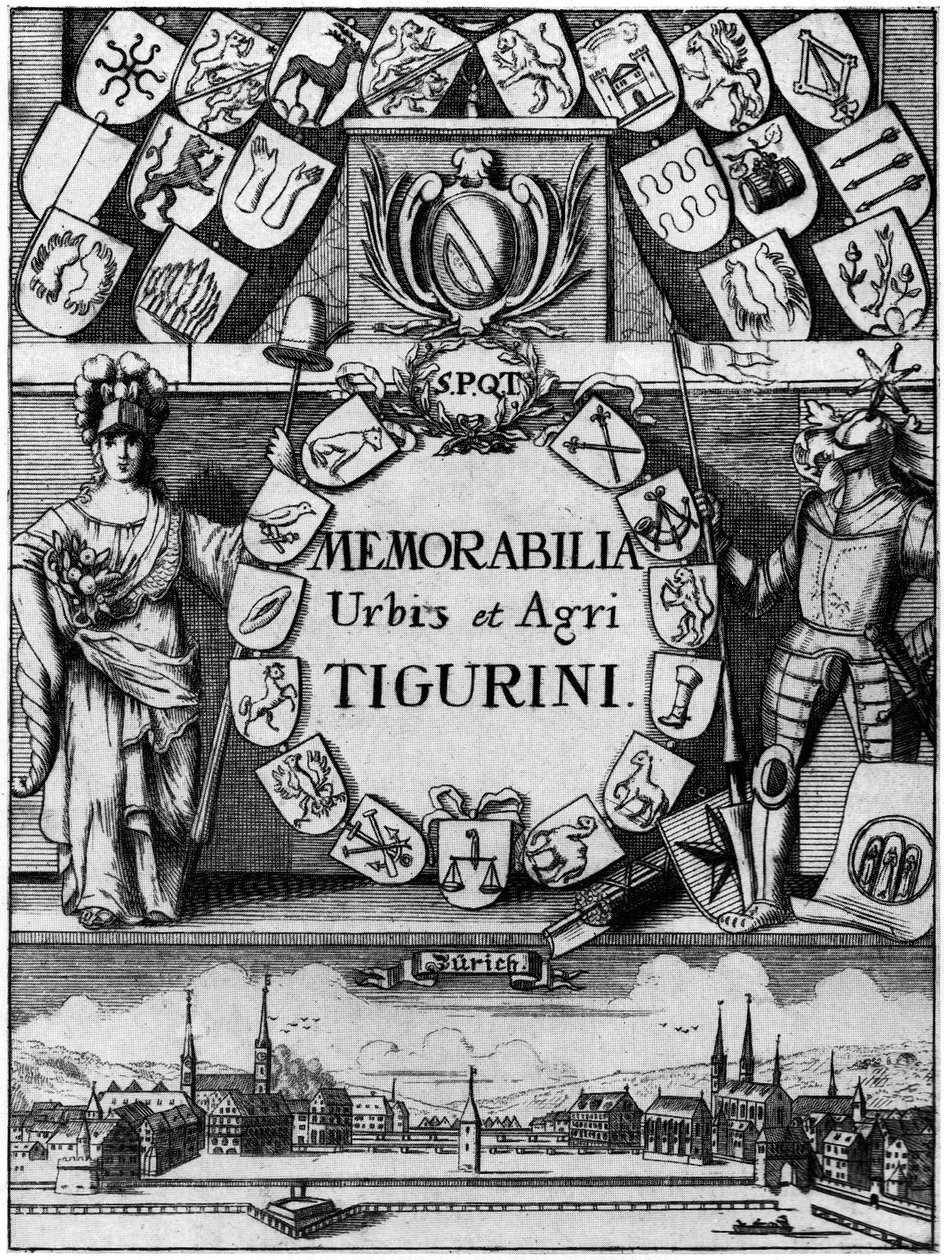 Portada de cobre de la tercera edición ampliada de 1742 de Memorabilibus Tigurinis de Hans Heinrich Bluntschli de Johann Melchior Füßli
