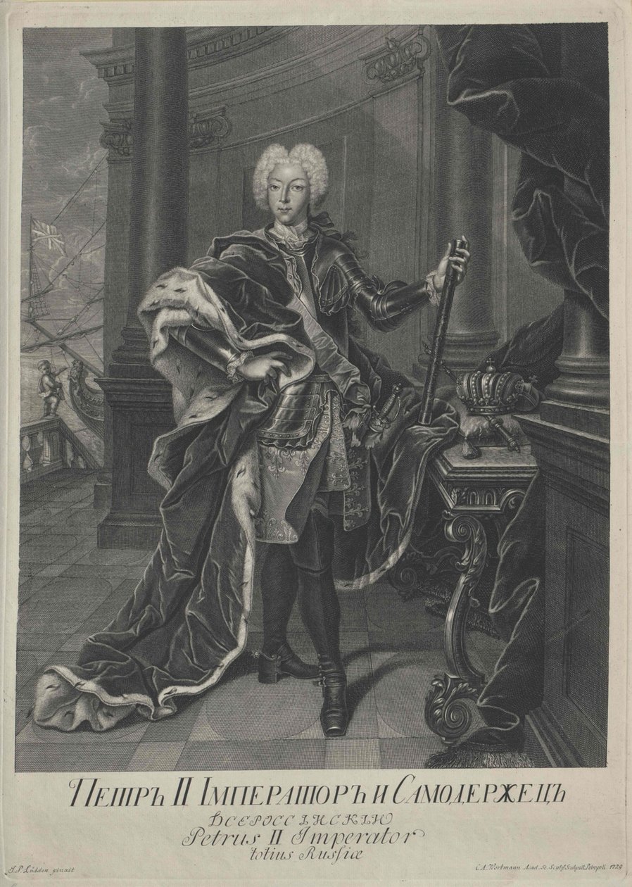 Retrato de Pedro II, grabado por Christian Albrecht Wortmann, 1729 de Johann Paul Luedden