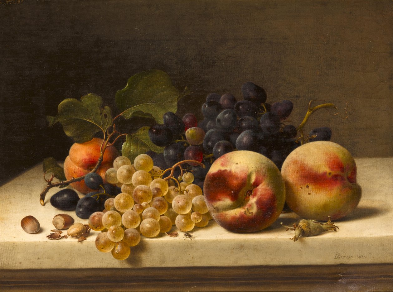 Naturaleza muerta con ciruelas, uvas y avellanas de Johann Wilhelm Preyer
