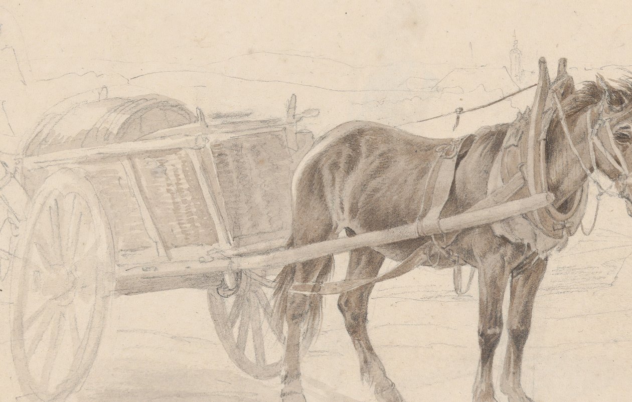 Un carro tirado por un caballo marrón cerca de un poste de lámpara, Verso: Un grupo de oficiales montados de Johann Adam Klein