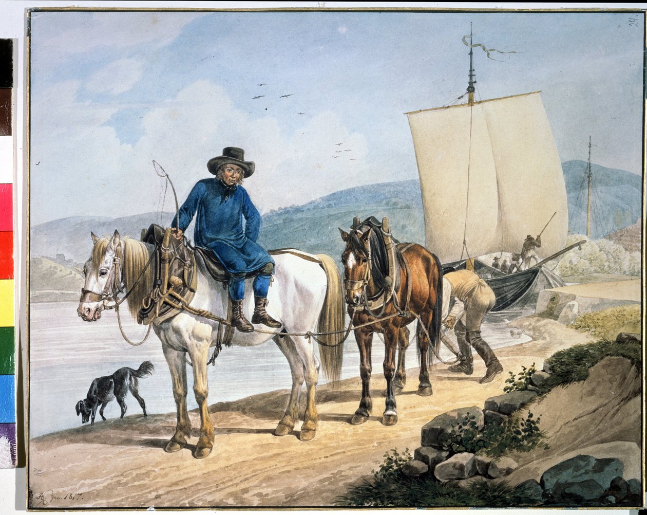 "" Un caballo y un carro en el río "". Caballos a lo largo de un río remolcando un bote o utilizados para descargar mercancías en un camino de sirga". Pintura de Johann Adam Klein (1792-1875) de Johann Adam Klein
