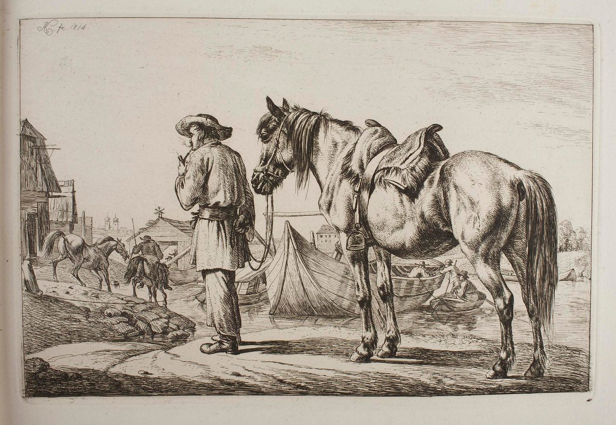 Un eslovaco con su caballo junto a un río de Johann Adam Klein