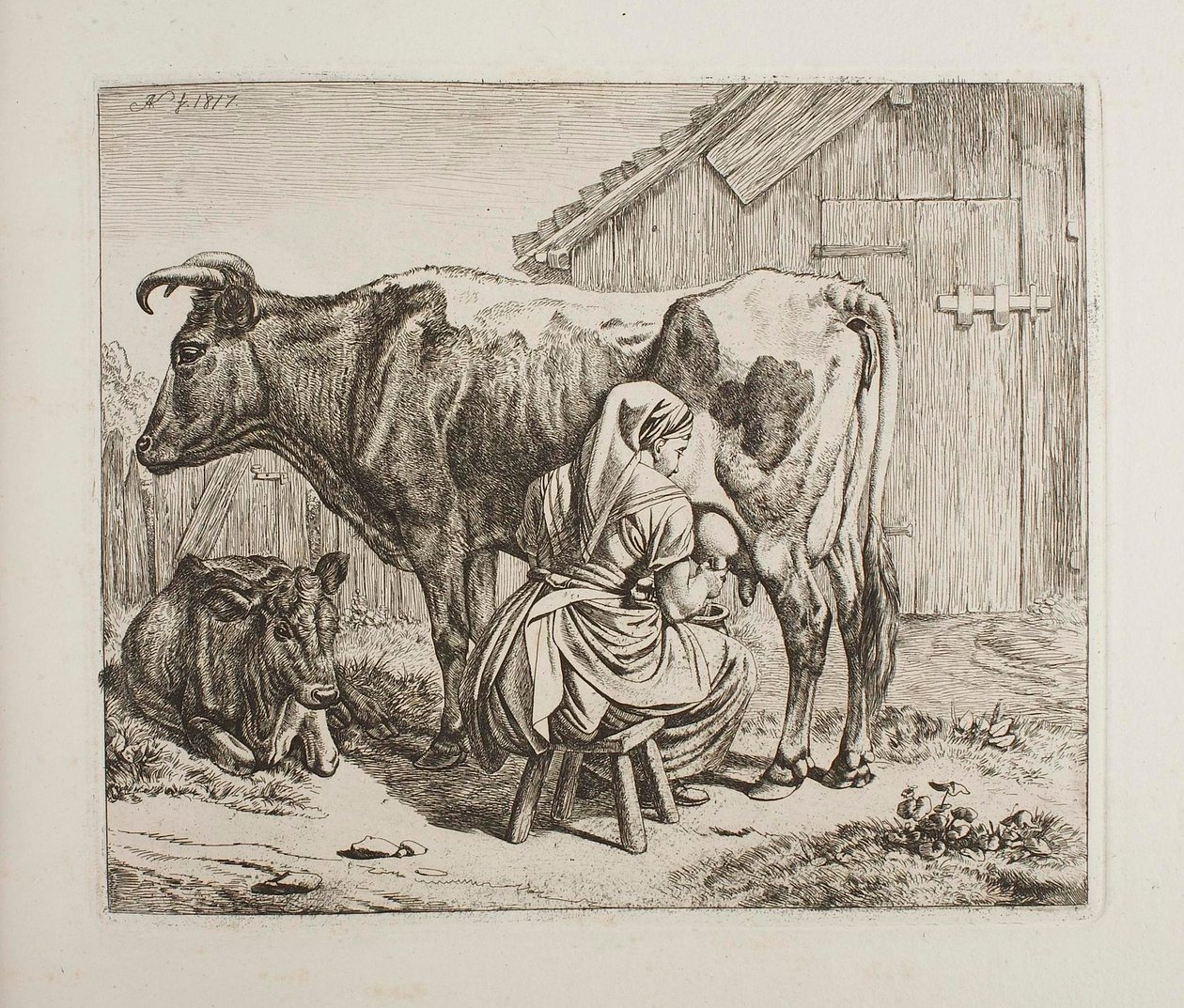 Vaca con ternero durante el ordeño de Johann Adam Klein