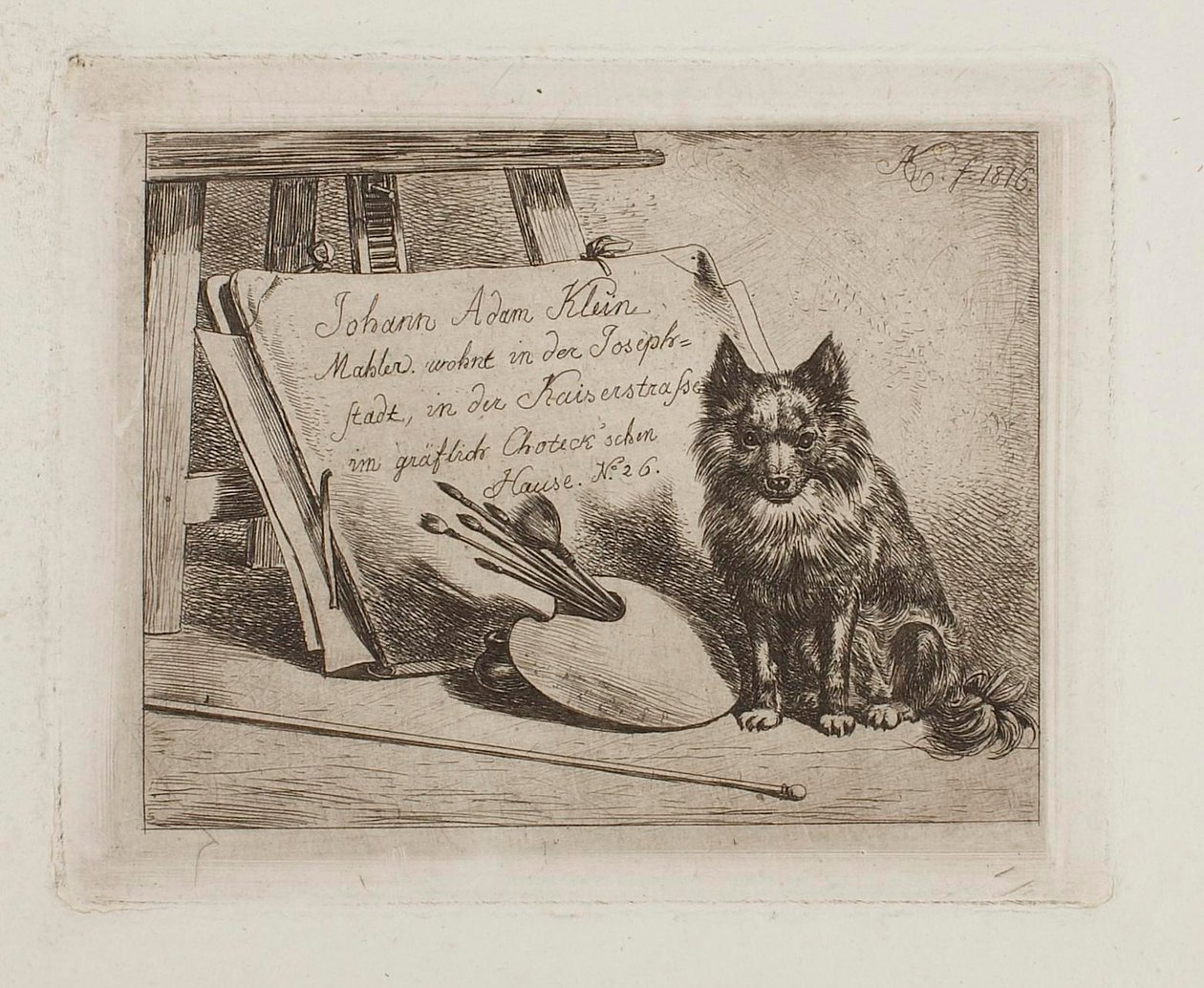 Perro sentado junto a los utensilios del pintor y la carpeta con la dirección del artista de Johann Adam Klein