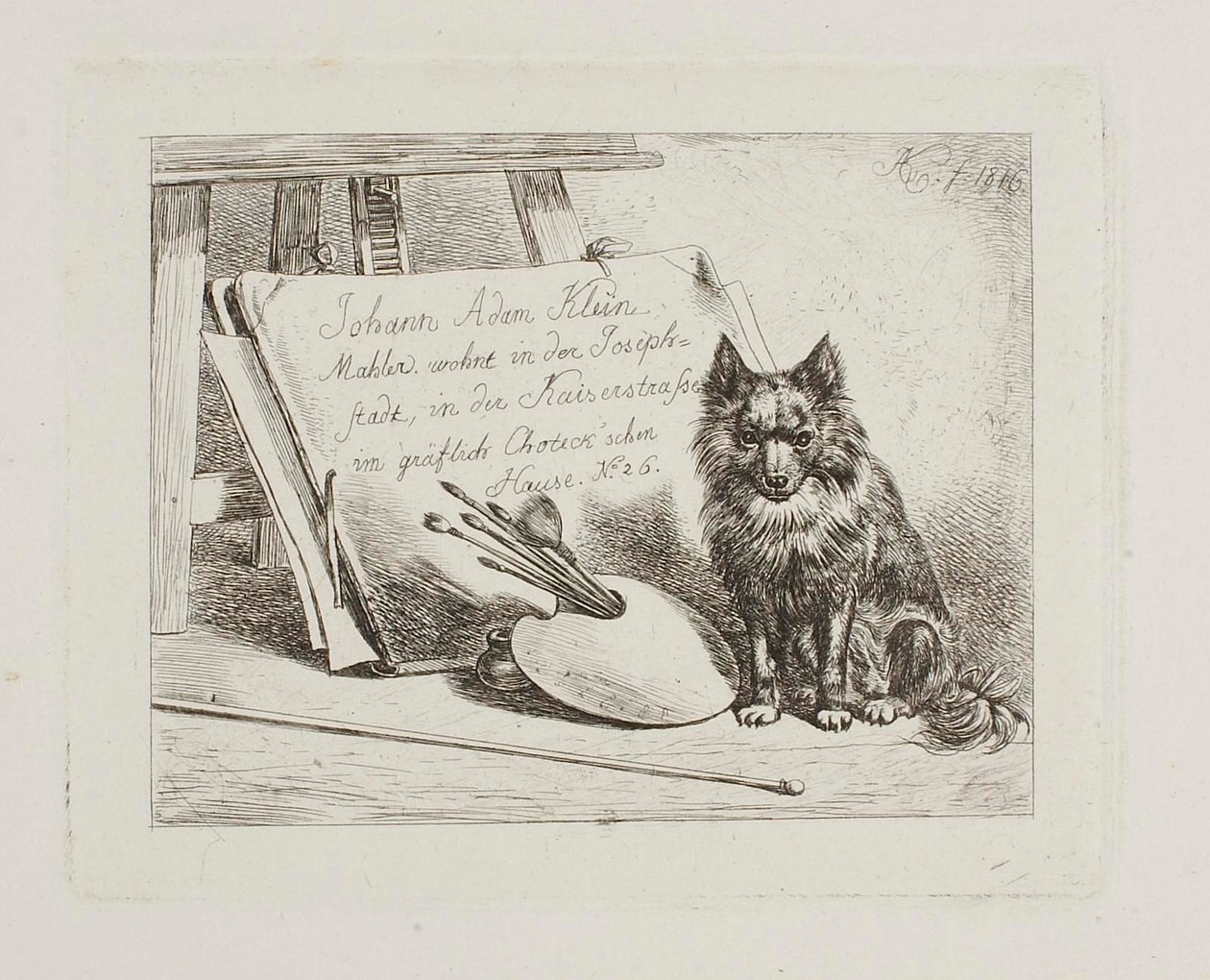 Perro sentado junto a los utensilios de pintor y el portafolio, con la dirección del artista de Johann Adam Klein