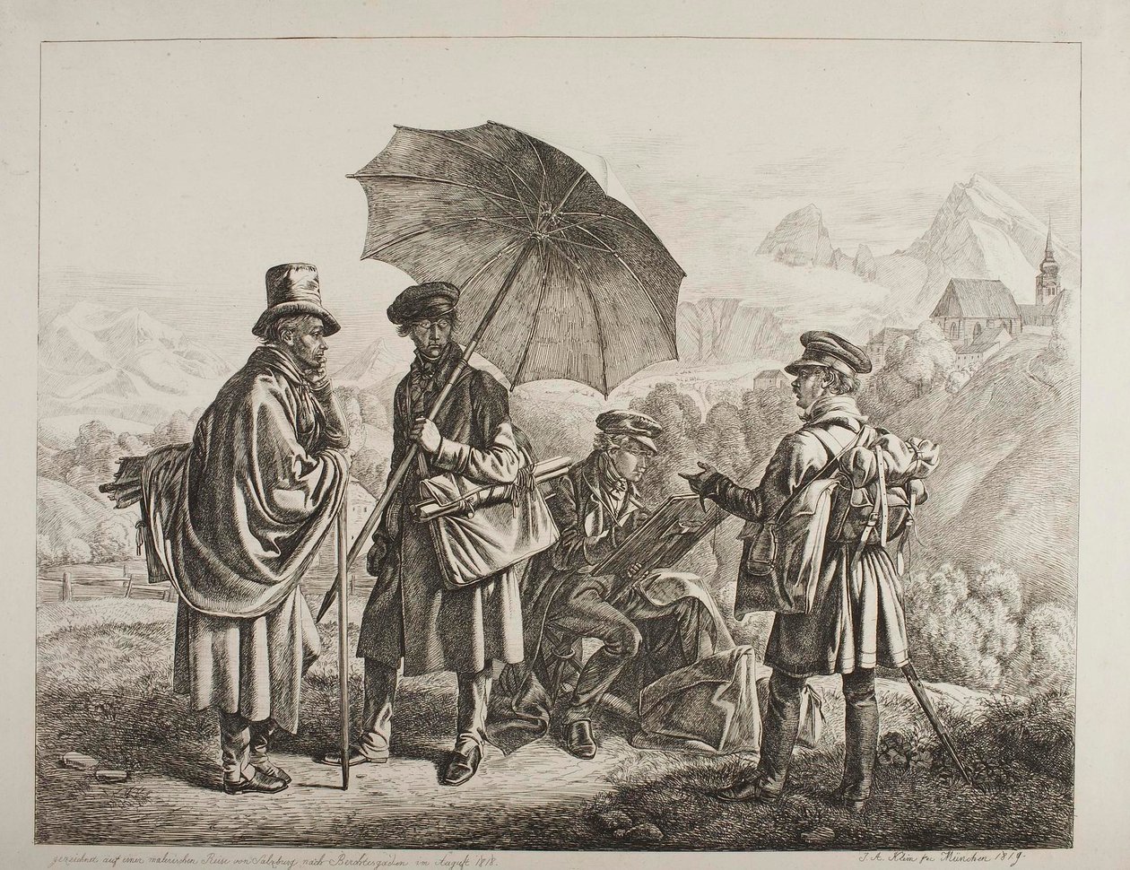 Ernst Welker, Johann Christoph Erhard y los hermanos Heinrich y Friedrich Philipp Reinhold en un pintoresco viaje de Salzburgo a Berchtesgaden en agosto de 1818 de Johann Adam Klein
