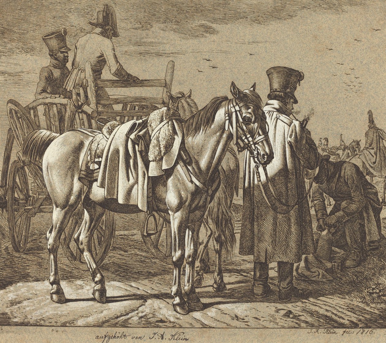 Caballo con soldados fumando pipa/Escena militar de Johann Adam Klein