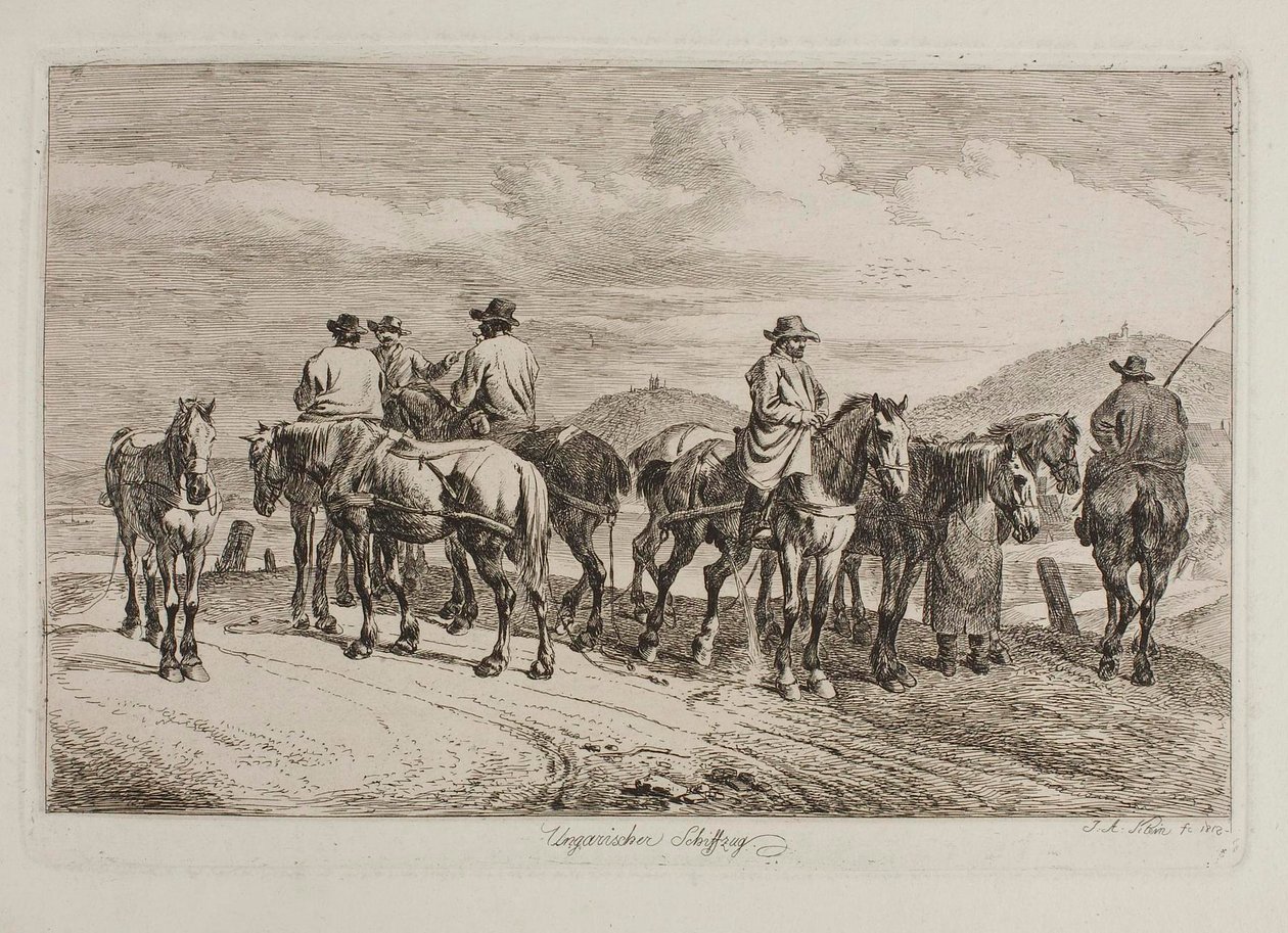 Caballos y jinetes húngaros listos para tirar de una barca río arriba de Johann Adam Klein