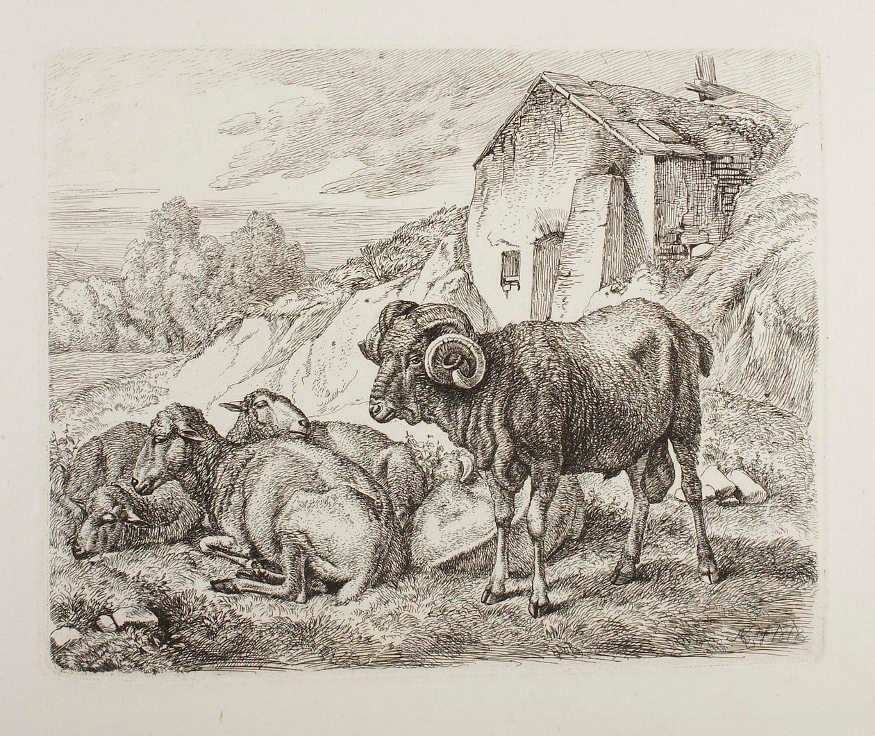 Carnero y oveja detrás de una casa de Johann Adam Klein