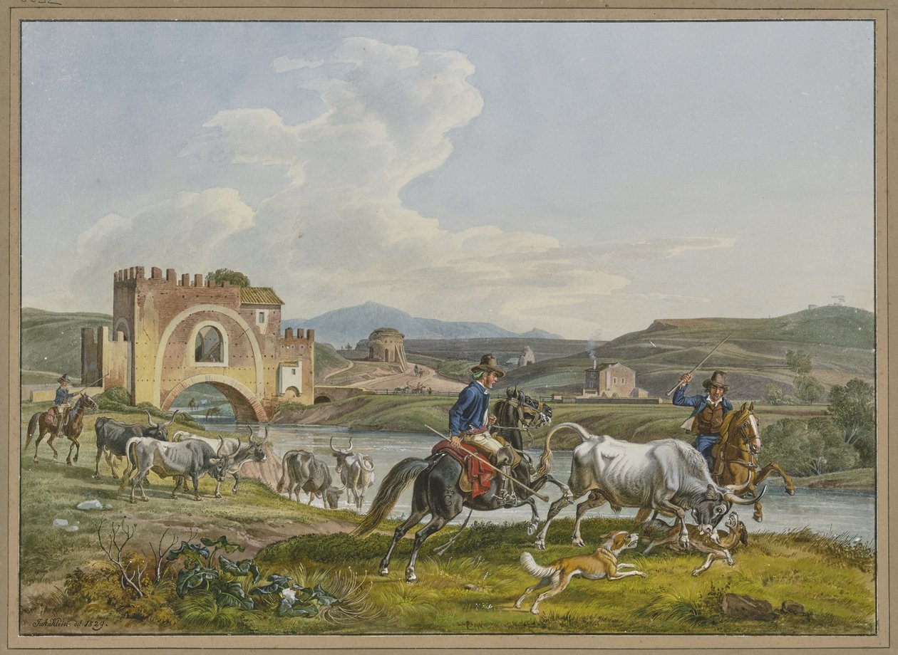 Los campagnoli romanos, a caballo, capturan un toro con la ayuda de perros de Johann Adam Klein