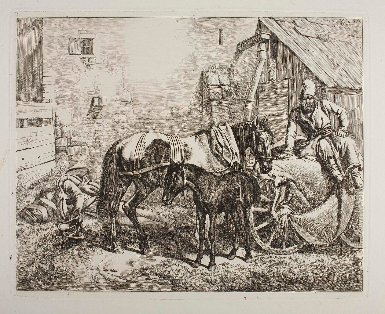 Carrito de equipaje ruso delante de una casa de Johann Adam Klein