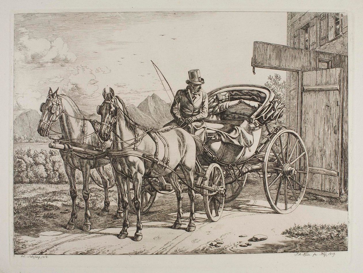 Dos caballos enjaezados a una calesa de primera clase de Johann Adam Klein