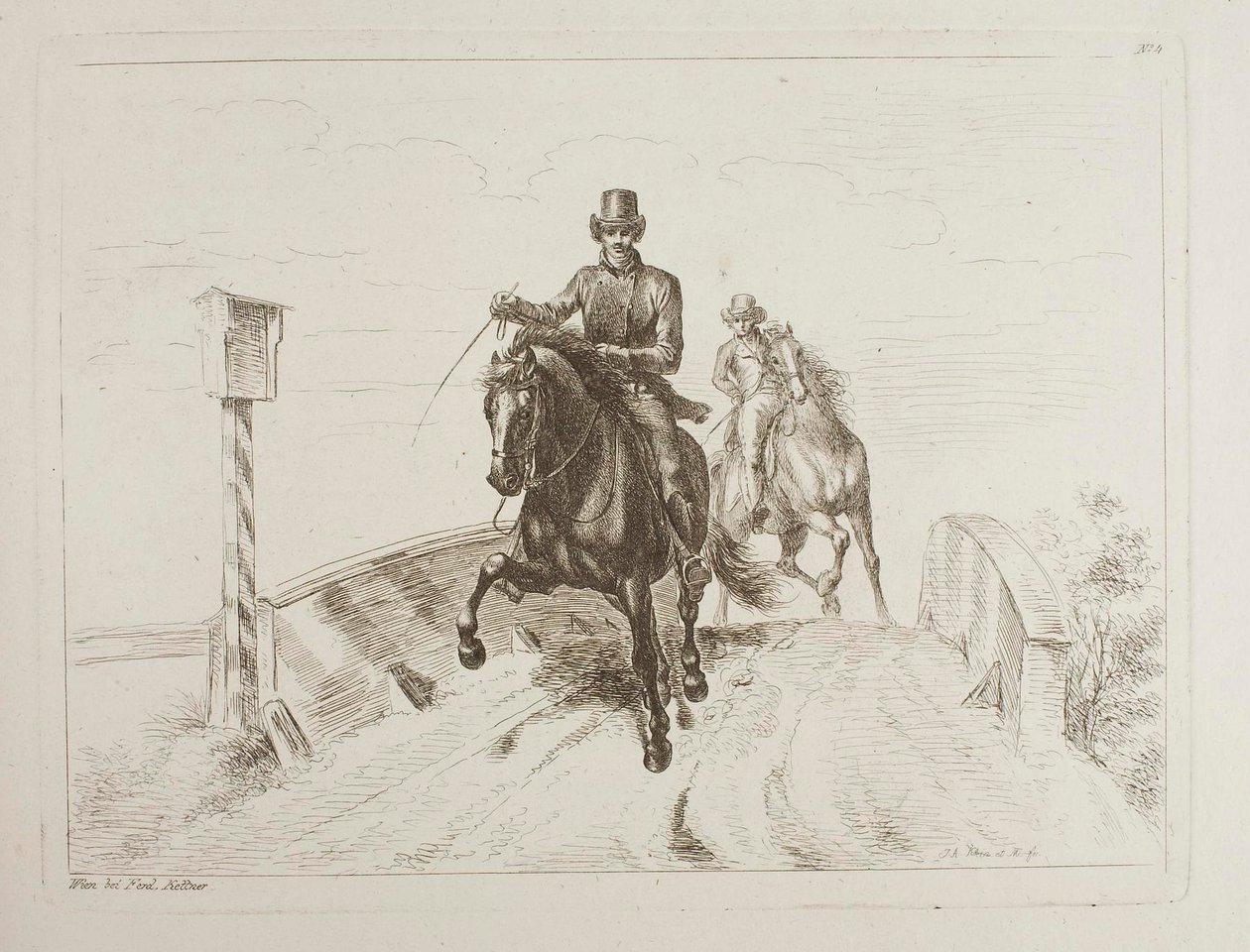 Dos jinetes al galope sobre un puente de Johann Adam Klein
