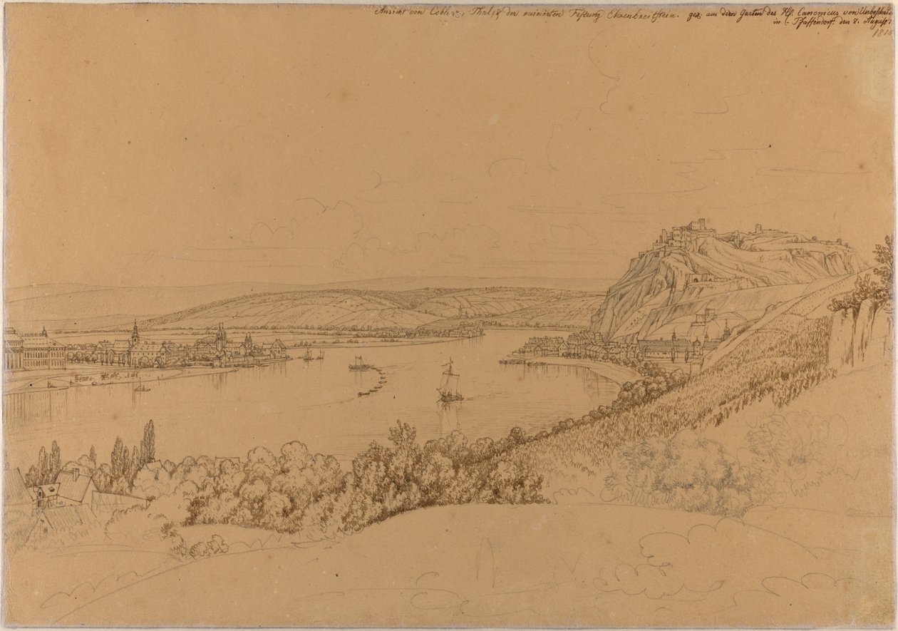 Vista de Coblenza con el Rin y la fortaleza Ehrenbreitstein (anverso); Vista del castillo de Heidelberg (reverso) de Johann Adam Klein