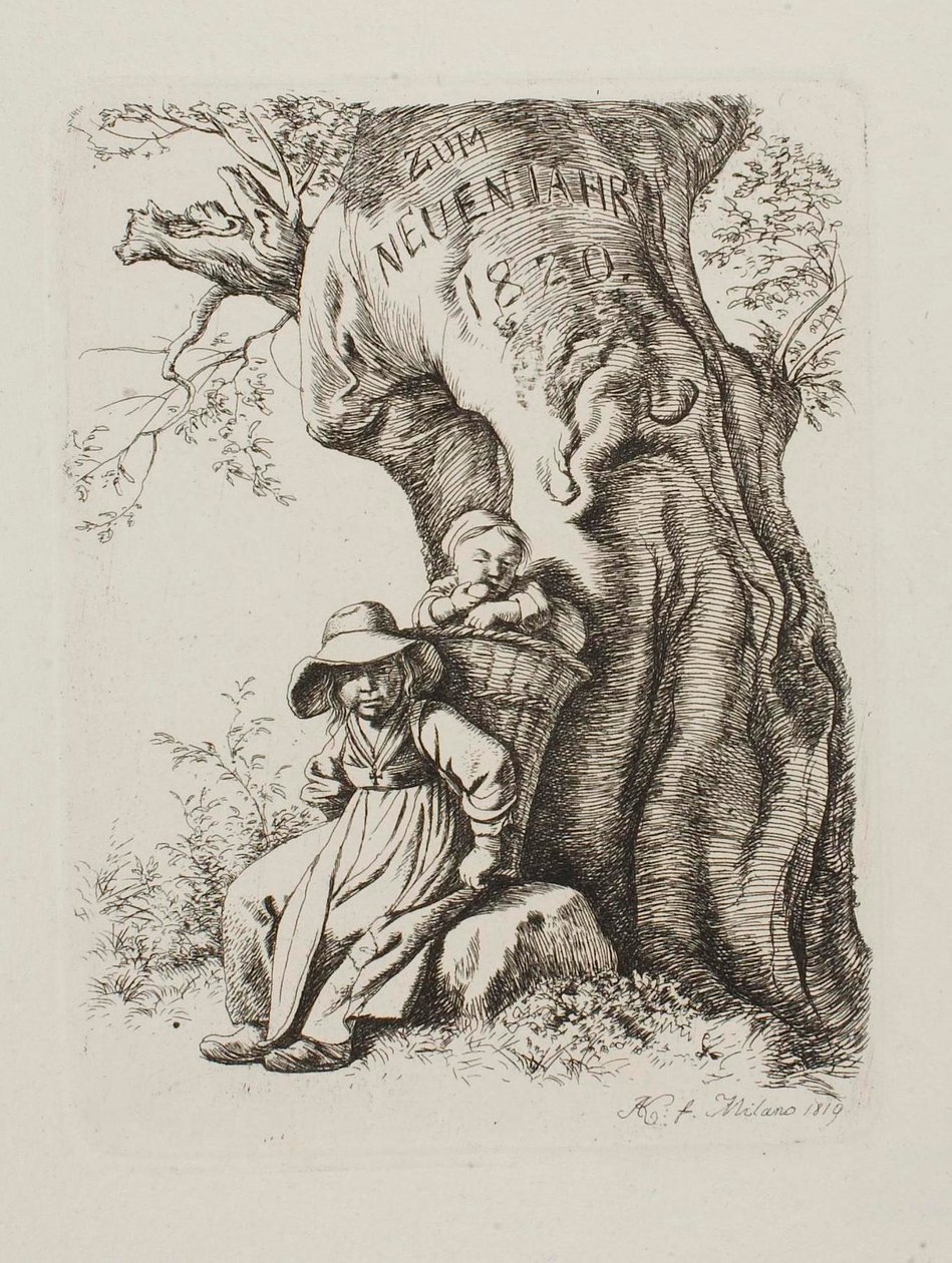 Para el Año Nuevo de 1820. Esposa de un granjero con un niño de Johann Adam Klein