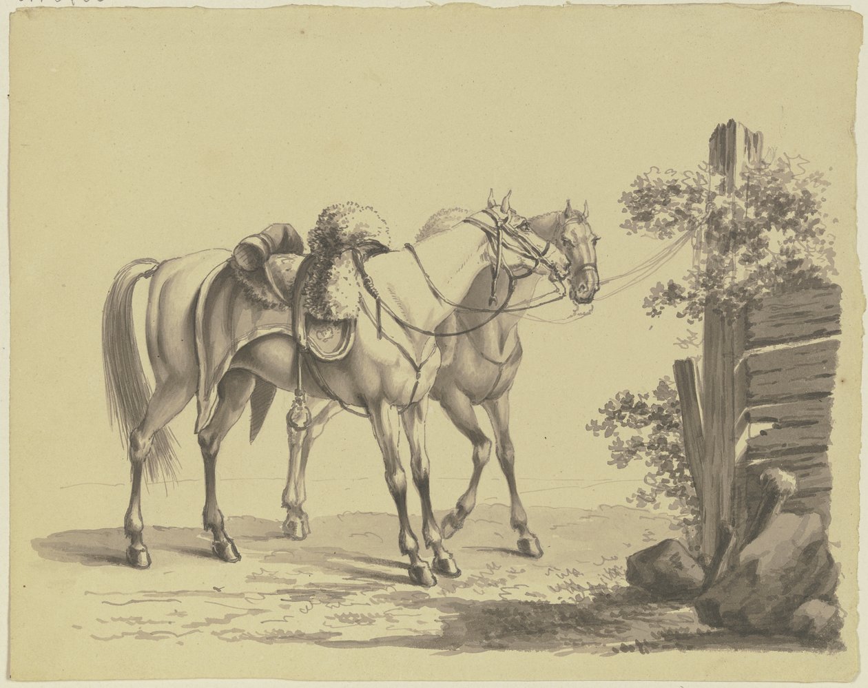Dos caballos militares ensillados, atados a un poste de Johann Adam Klein