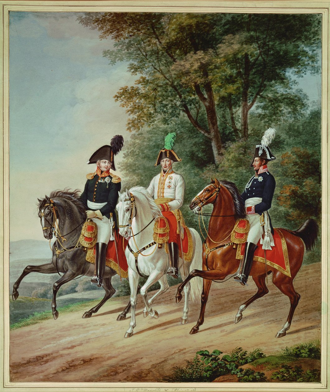 Los tres monarcas a caballo: Emperador Francisco I, Zar Alejandro I, Rey Federico Guillermo III de Johann Adam & Mansfeld Johann Georg (1764 1817) Klein