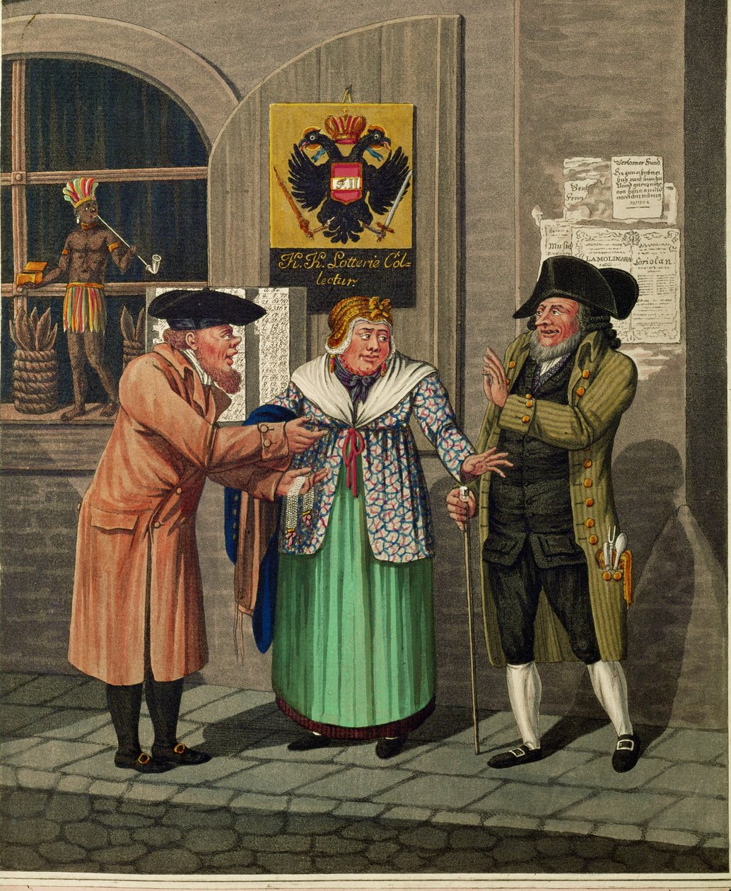 Tres judíos vieneses frente a una oficina de Lotería del Estado y un estanco ... de Johann Adolph Opitz