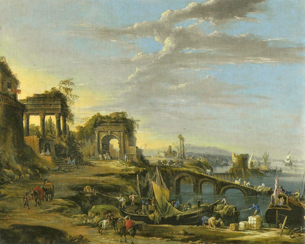 Alemán: Paisaje costero con ruinas antiguas de Johann Anton Eismann