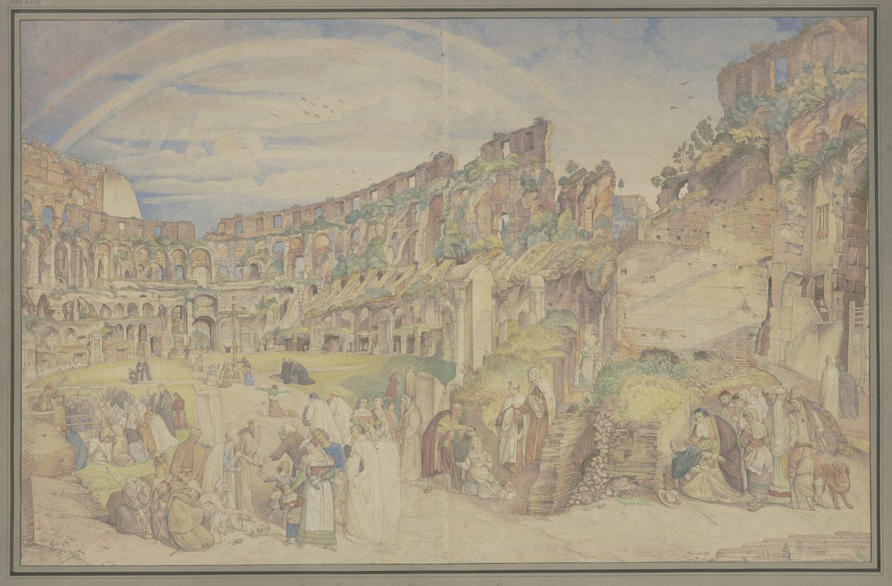 Vista del interior del Coliseo de Roma con escenas de la vida popular italiana de Johann Anton Ramboux