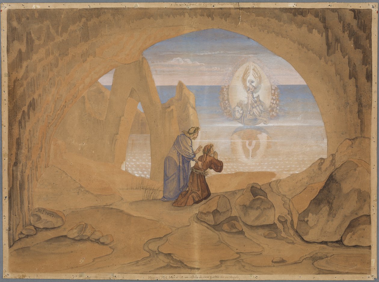 Dante contempla una pequeña embarcación guiada por un ángel, en la que las almas son llevadas al Purgatorio de Johann Anton Ramboux